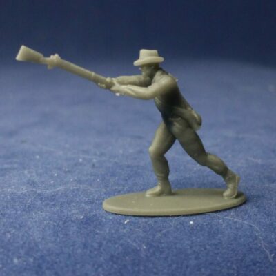 Soldier swings musket forward hat