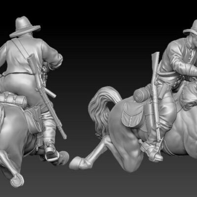 Confederate cavalry horse slipping, gun on rider